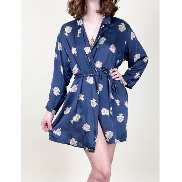 Vintage 100% Silk Floral Print Robe Kimono Duster Cardigan Lounge Quiet Luxury - Picture 1 of 7